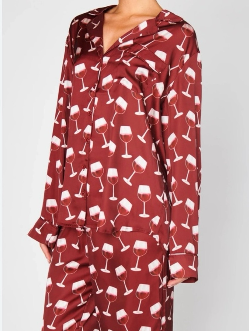 Show Me Your Mumu Wine Glass Print Satin Pajama Top - Burgundy